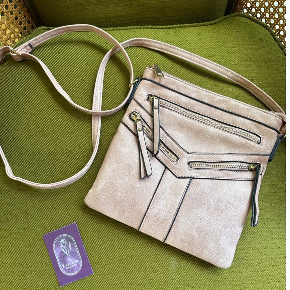 Chic Blush Pink Faux Leather Crossbody Bag with Multiple Zip Pockets